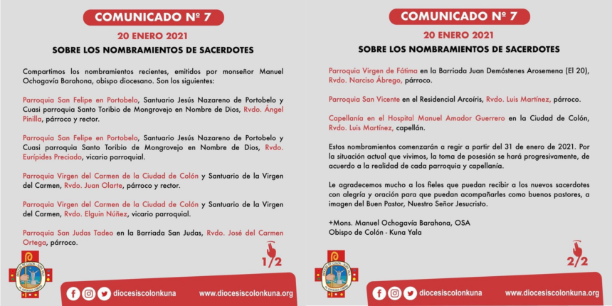 Nuevos nombramientos de sacerdotes de la Diócesis de Colón-Kuna Yala